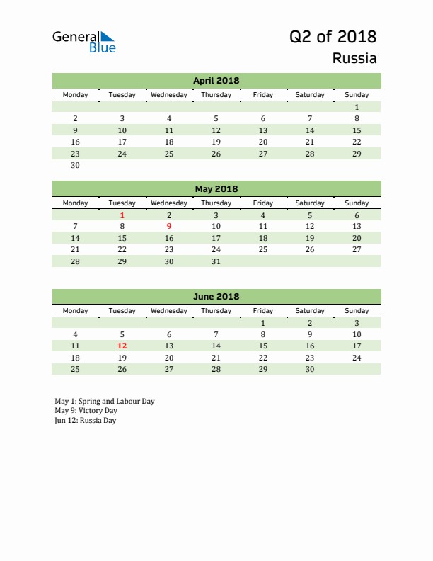 Quarterly Calendar 2018 with Russia Holidays