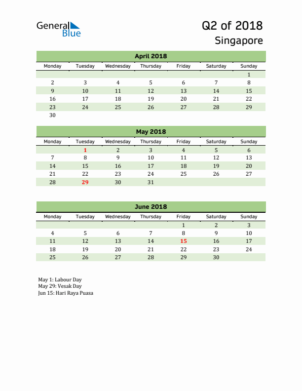 Quarterly Calendar 2018 with Singapore Holidays