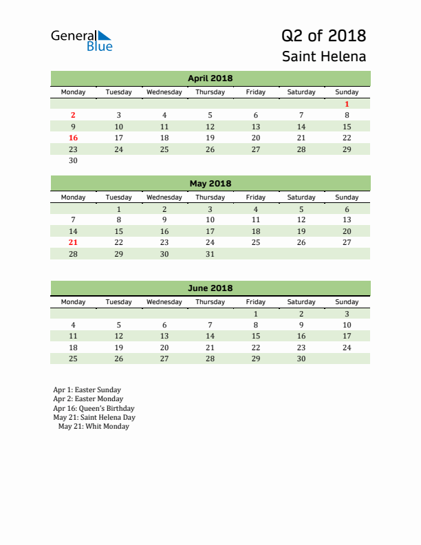 Quarterly Calendar 2018 with Saint Helena Holidays