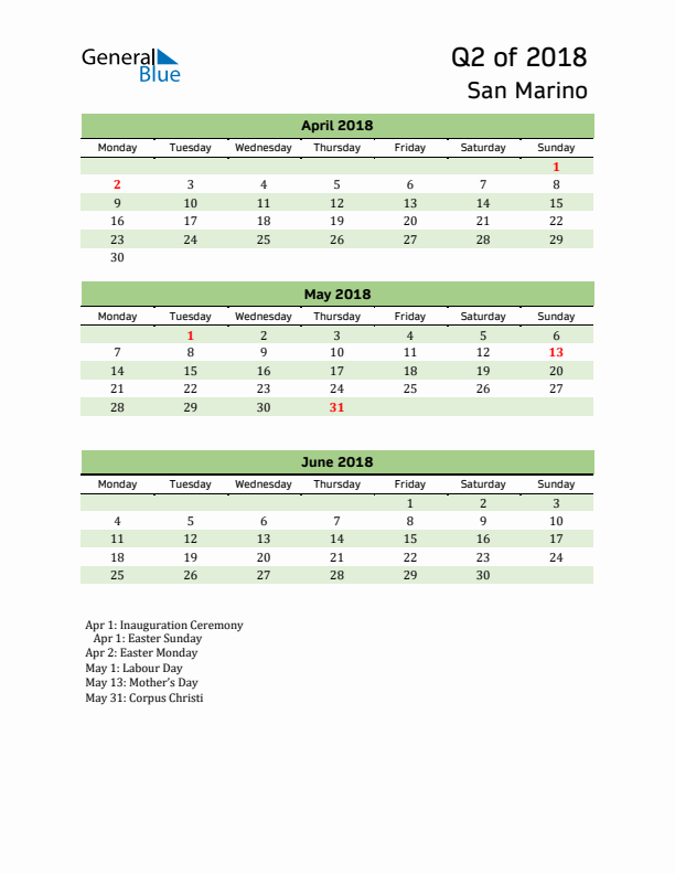 Quarterly Calendar 2018 with San Marino Holidays