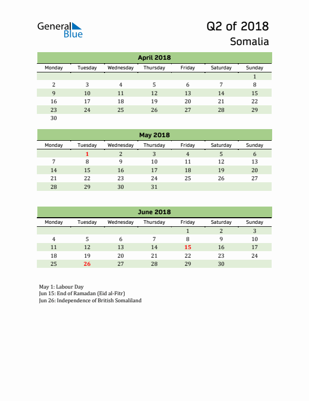 Quarterly Calendar 2018 with Somalia Holidays