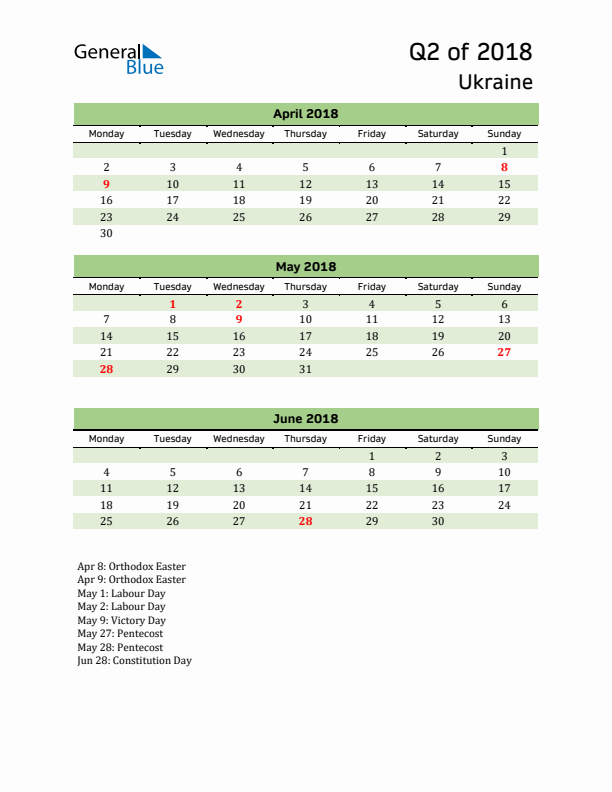 Quarterly Calendar 2018 with Ukraine Holidays