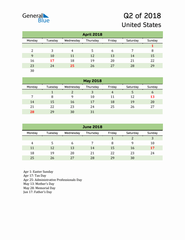 Quarterly Calendar 2018 with United States Holidays