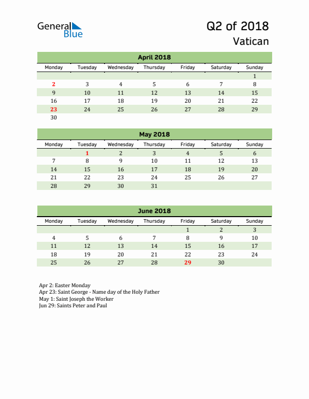 Quarterly Calendar 2018 with Vatican Holidays