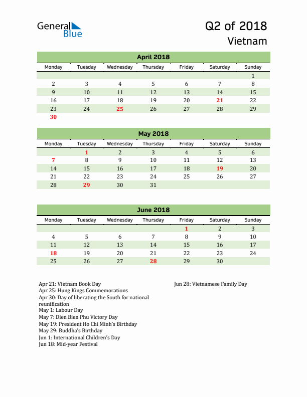 Quarterly Calendar 2018 with Vietnam Holidays