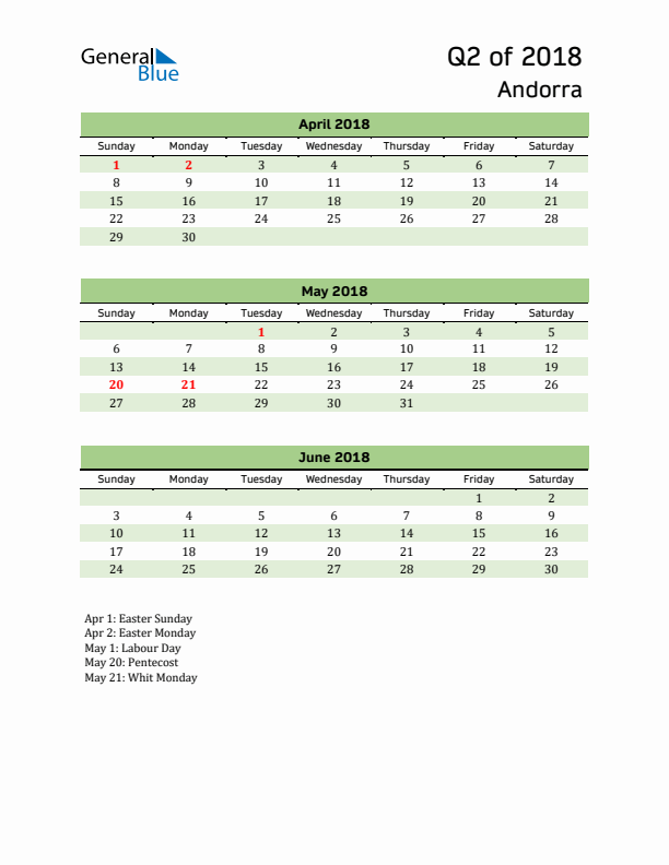 Quarterly Calendar 2018 with Andorra Holidays
