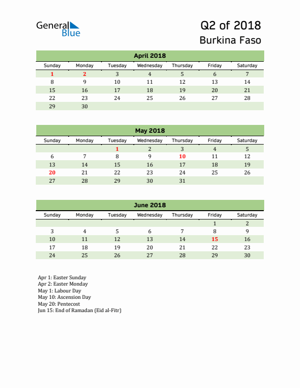 Quarterly Calendar 2018 with Burkina Faso Holidays