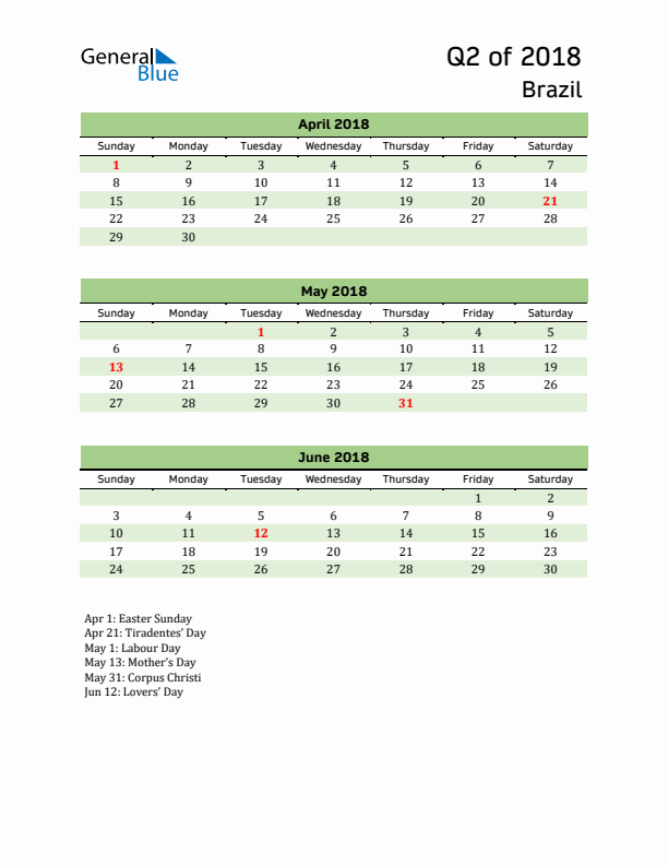 Quarterly Calendar 2018 with Brazil Holidays