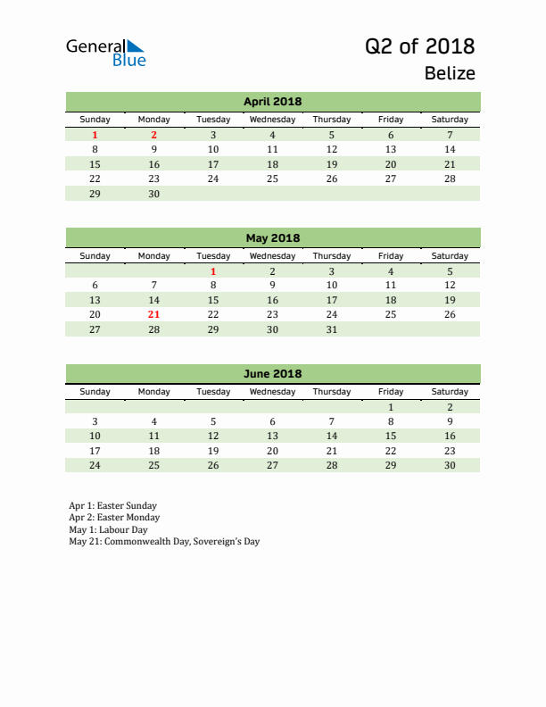 Quarterly Calendar 2018 with Belize Holidays