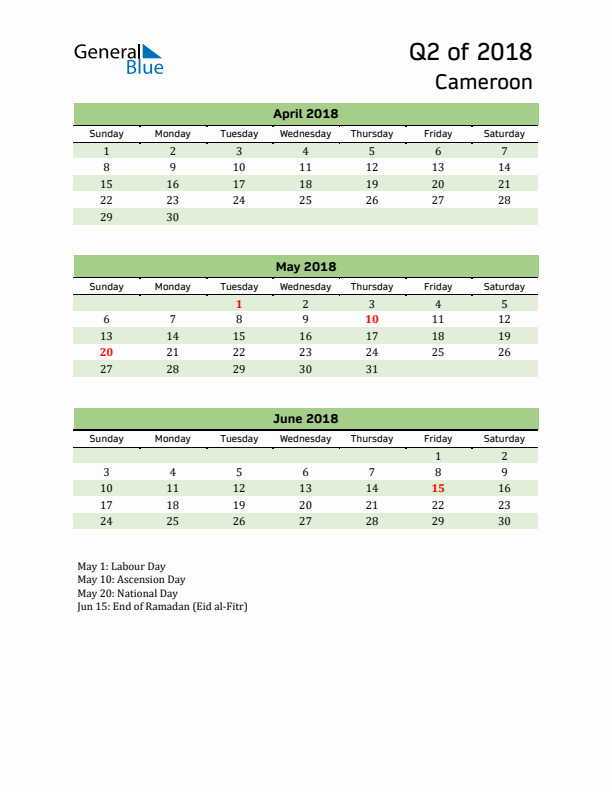 Quarterly Calendar 2018 with Cameroon Holidays