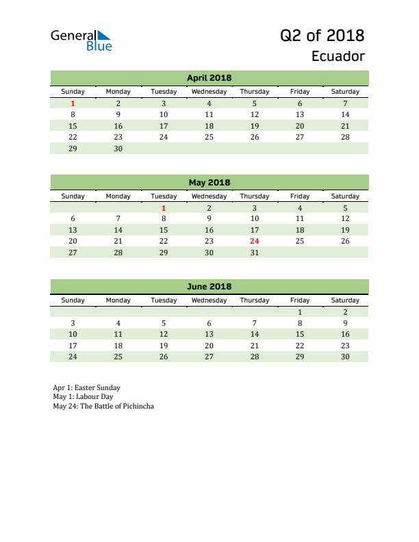 Quarterly Calendar 2018 with Ecuador Holidays