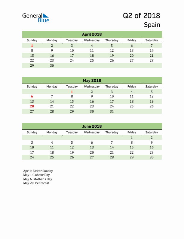 Quarterly Calendar 2018 with Spain Holidays