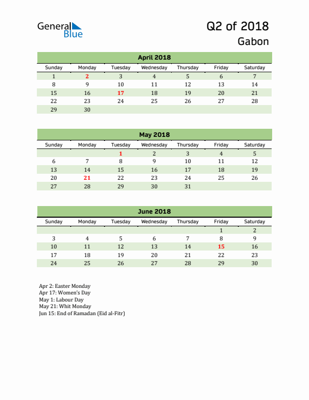 Quarterly Calendar 2018 with Gabon Holidays