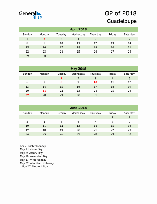 Quarterly Calendar 2018 with Guadeloupe Holidays
