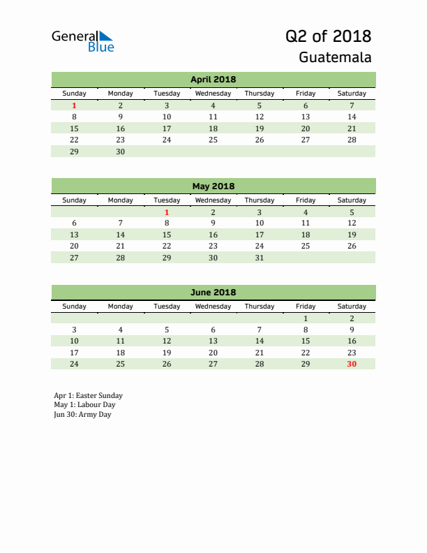 Quarterly Calendar 2018 with Guatemala Holidays
