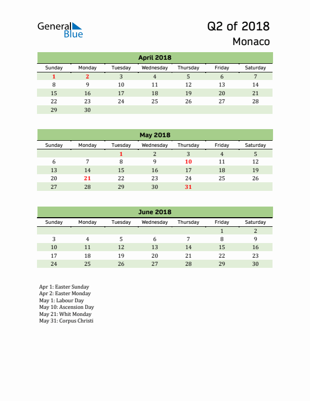 Quarterly Calendar 2018 with Monaco Holidays