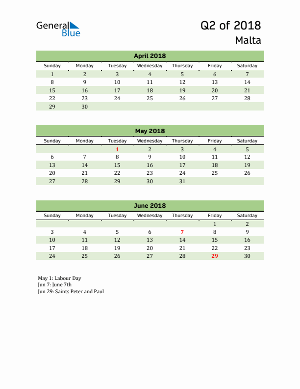 Quarterly Calendar 2018 with Malta Holidays