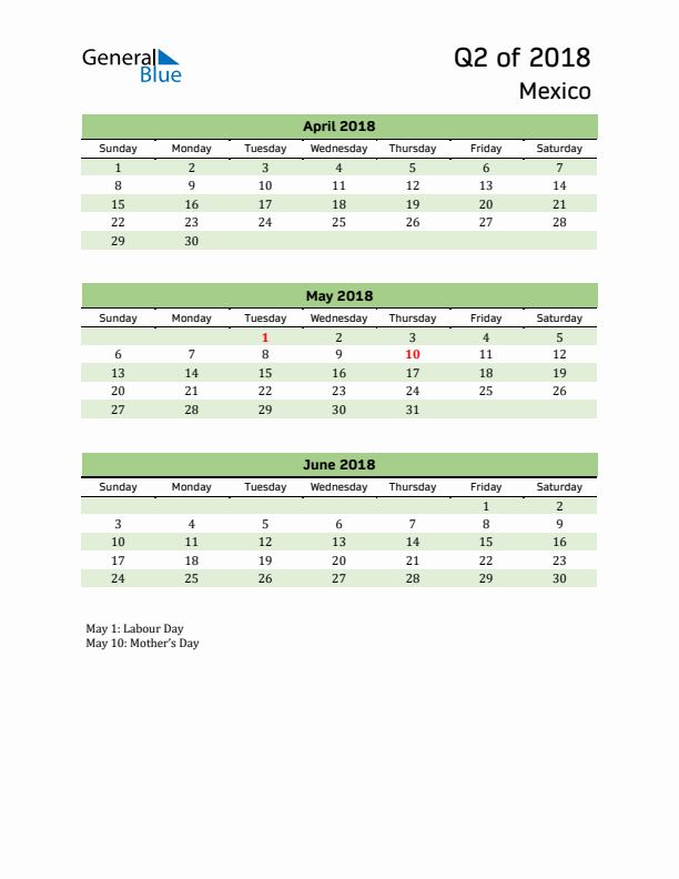 Quarterly Calendar 2018 with Mexico Holidays