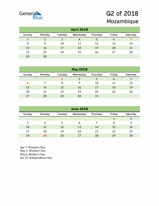 Quarterly Calendar 2018 with Mozambique Holidays