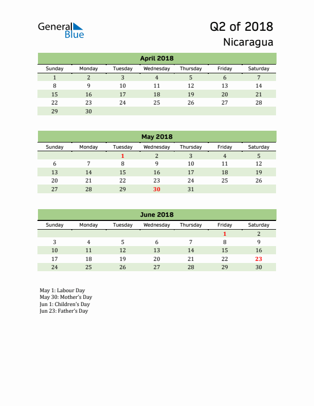 Quarterly Calendar 2018 with Nicaragua Holidays