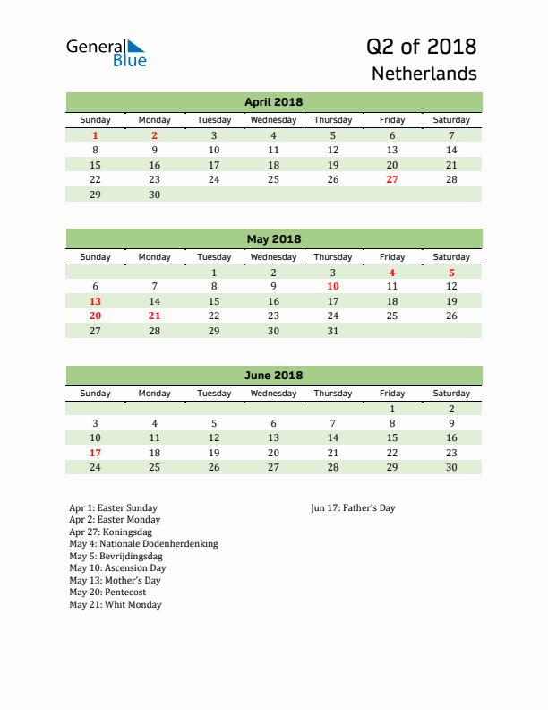 Quarterly Calendar 2018 with The Netherlands Holidays