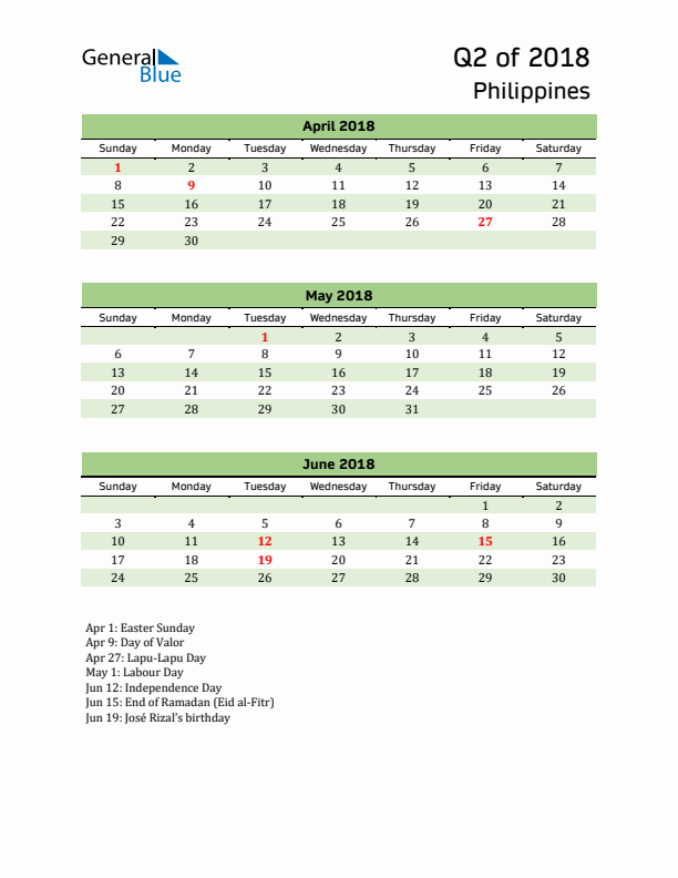 Quarterly Calendar 2018 with Philippines Holidays