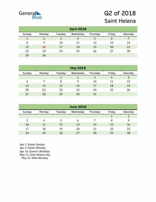 Quarterly Calendar 2018 with Saint Helena Holidays
