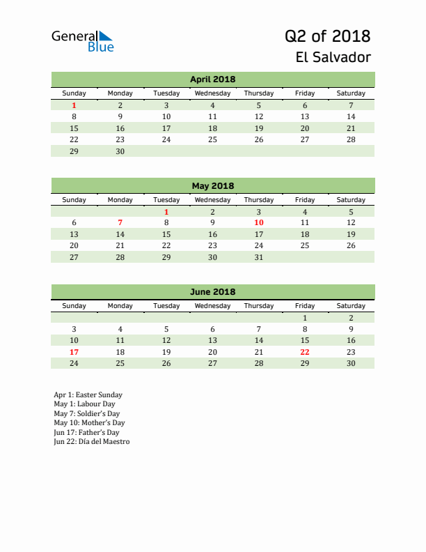 Quarterly Calendar 2018 with El Salvador Holidays