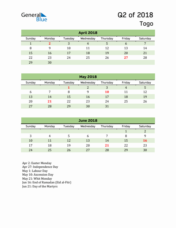Quarterly Calendar 2018 with Togo Holidays