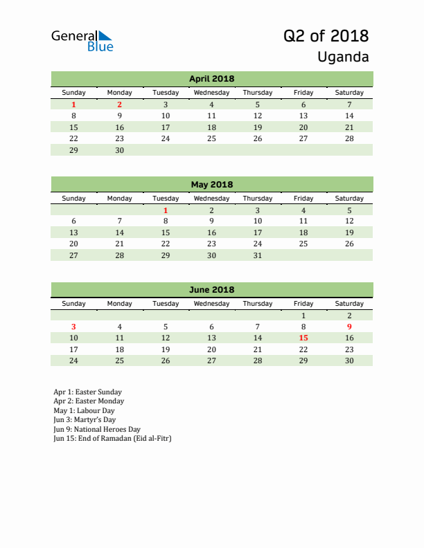 Quarterly Calendar 2018 with Uganda Holidays
