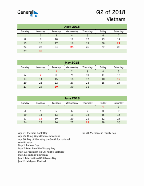 Quarterly Calendar 2018 with Vietnam Holidays