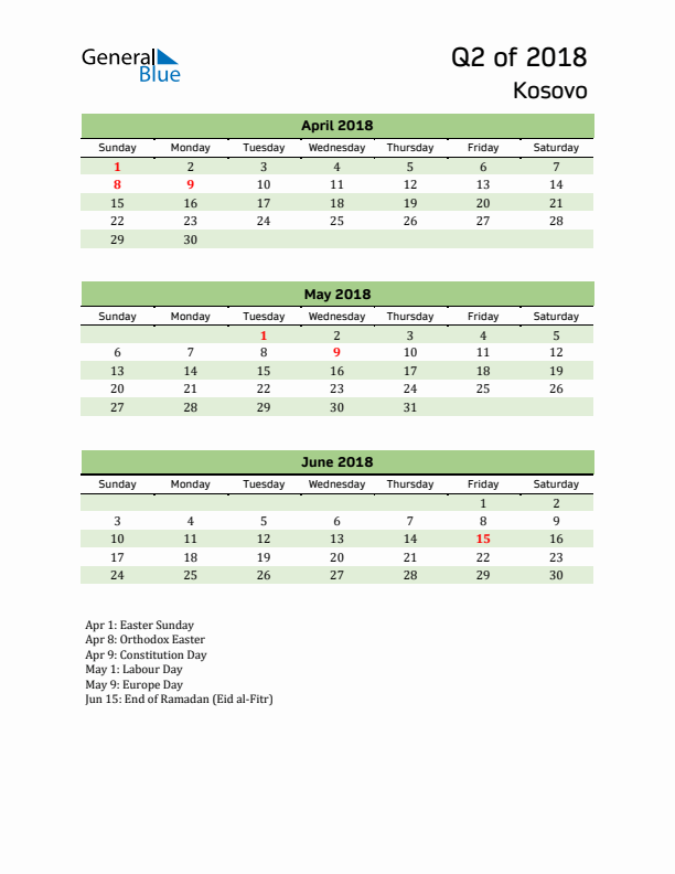 Quarterly Calendar 2018 with Kosovo Holidays