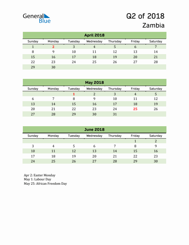 Quarterly Calendar 2018 with Zambia Holidays