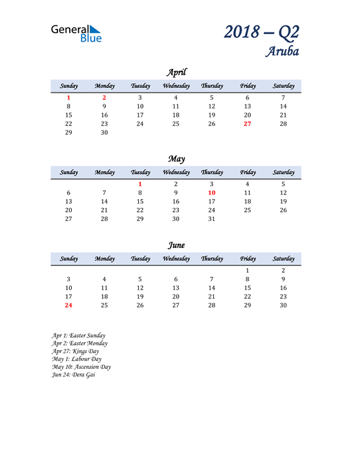 April, May, and June Calendar for Aruba