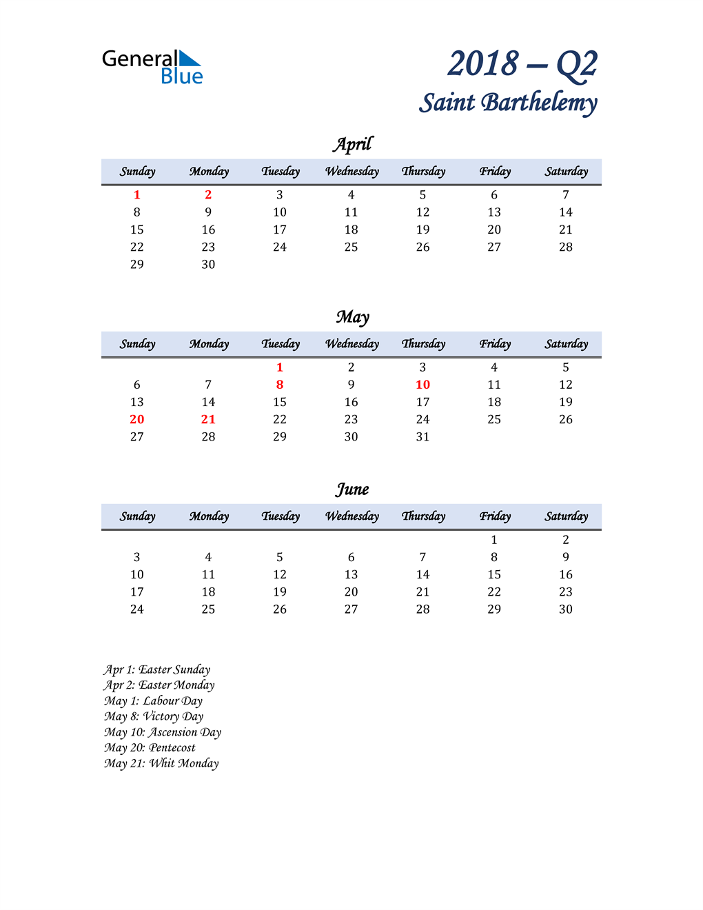  April, May, and June Calendar for Saint Barthelemy