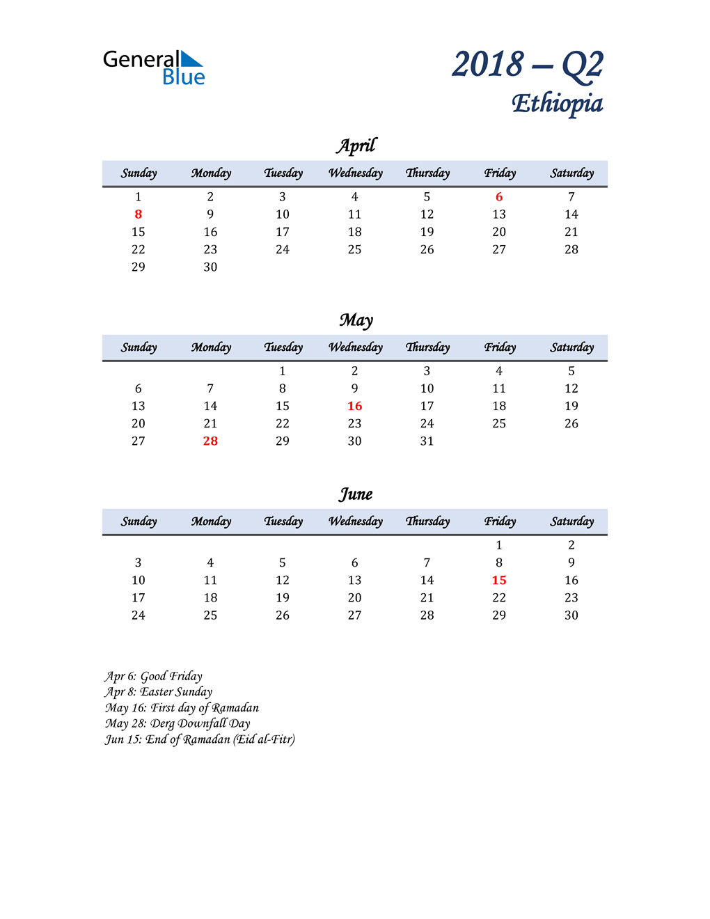  April, May, and June Calendar for Ethiopia