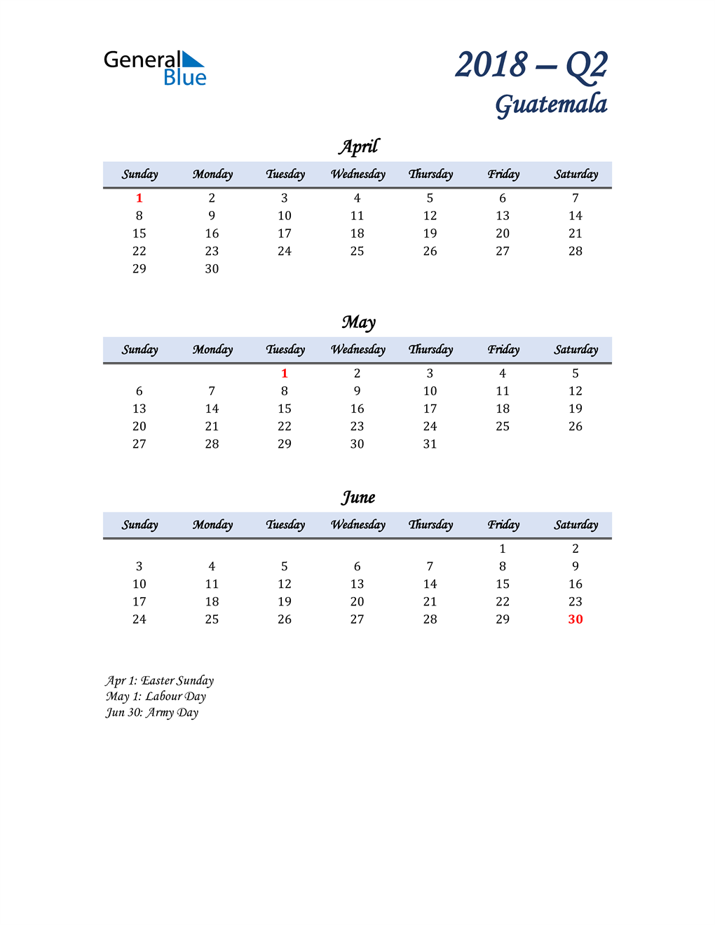  April, May, and June Calendar for Guatemala