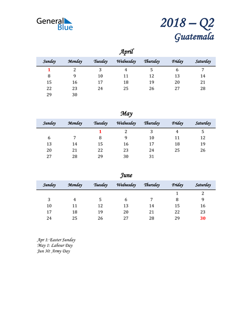 April, May, and June Calendar for Guatemala