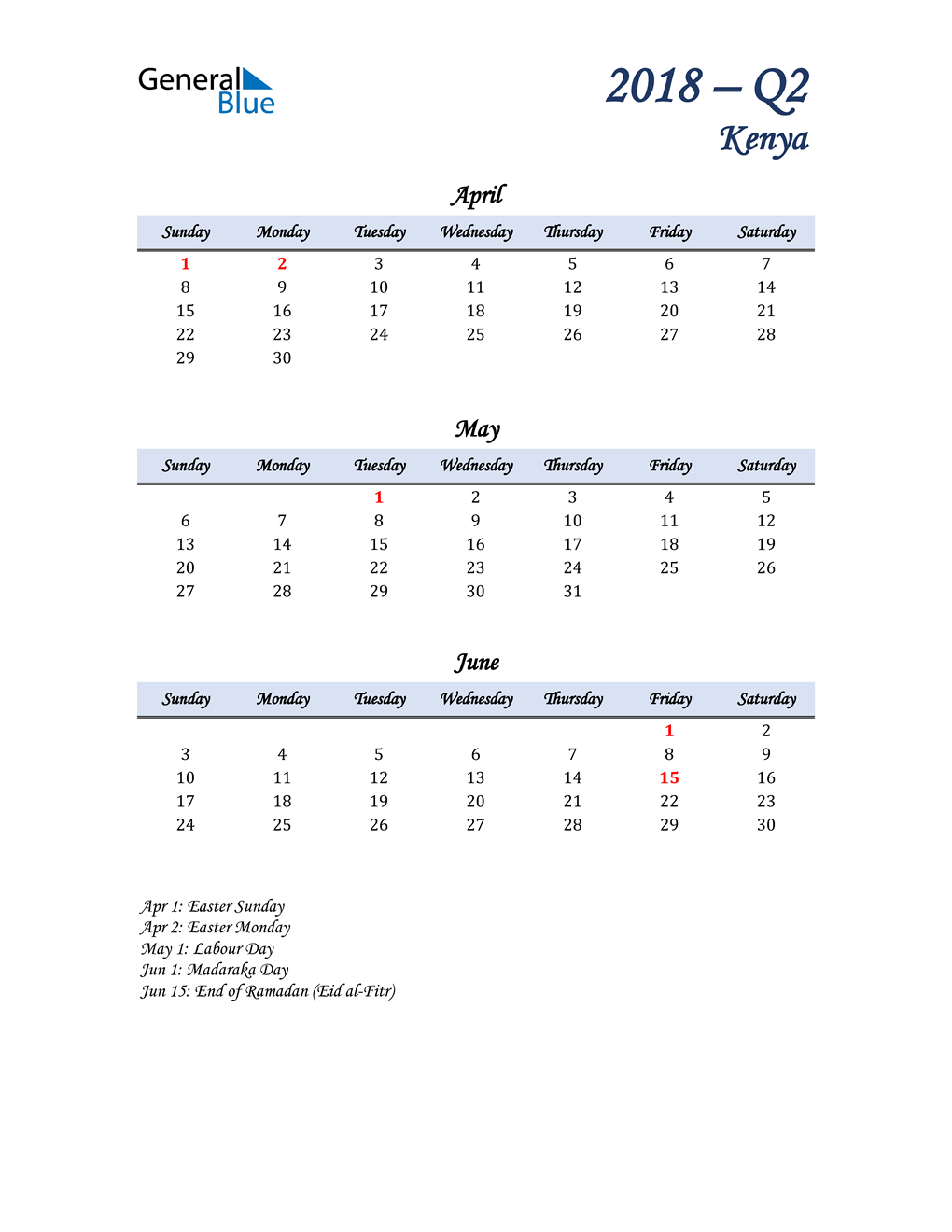  April, May, and June Calendar for Kenya
