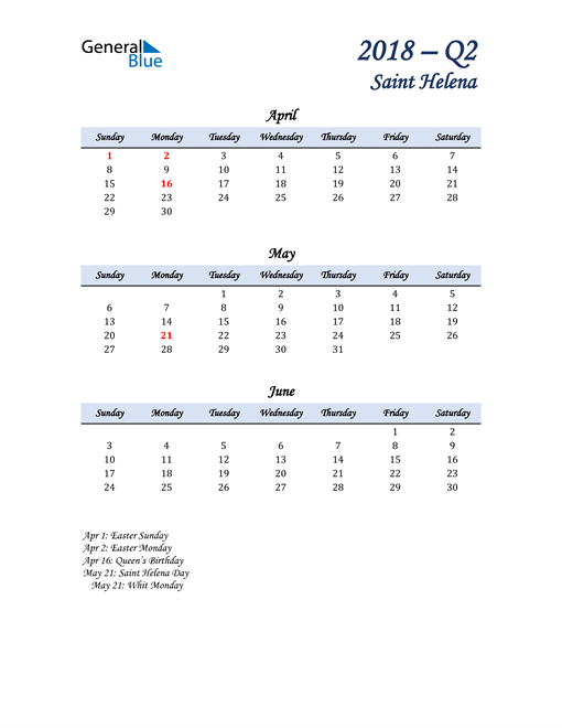  April, May, and June Calendar for Saint Helena