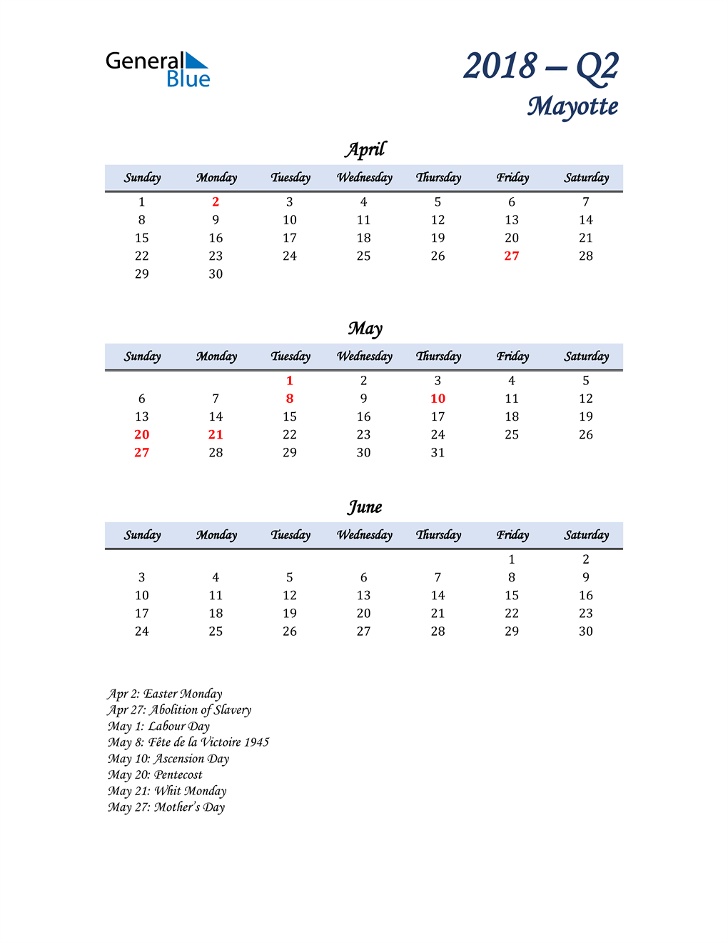  April, May, and June Calendar for Mayotte