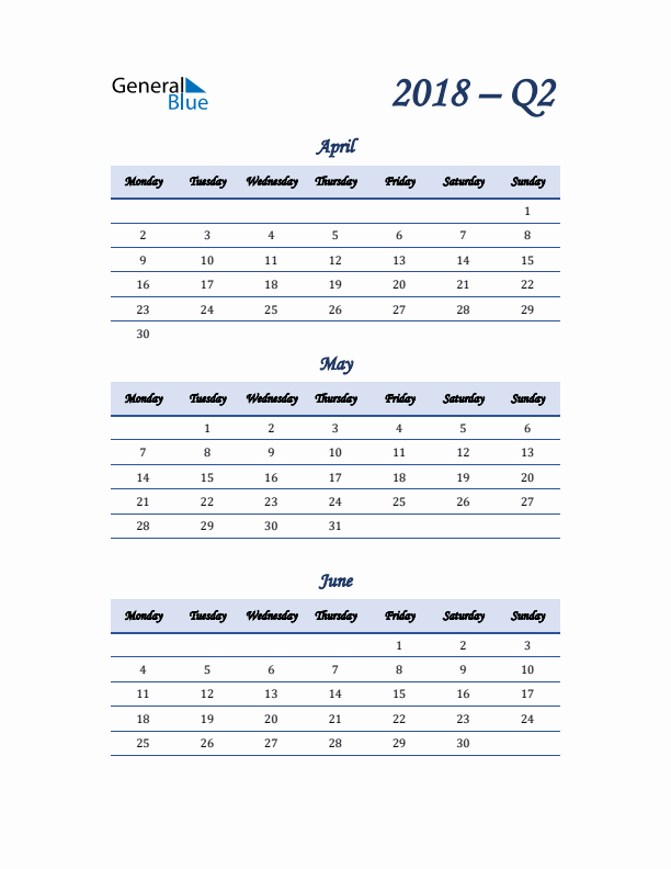 Monday Start 2018 Quarterly Calendar