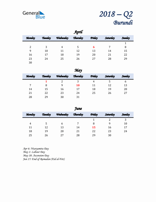 April, May, and June Calendar for Burundi with Monday Start