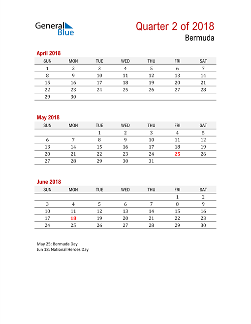  Printable Three Month Calendar for Bermuda