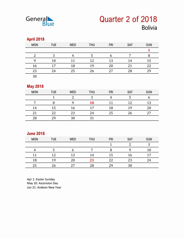 Printable Three Month Calendar with Bolivia Holidays