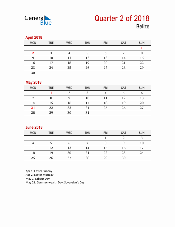 Printable Three Month Calendar with Belize Holidays