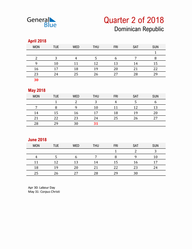 Printable Three Month Calendar with Dominican Republic Holidays