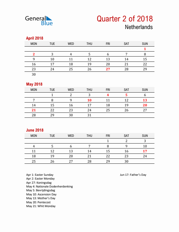 Printable Three Month Calendar with The Netherlands Holidays