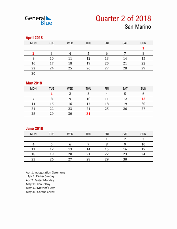 Printable Three Month Calendar with San Marino Holidays