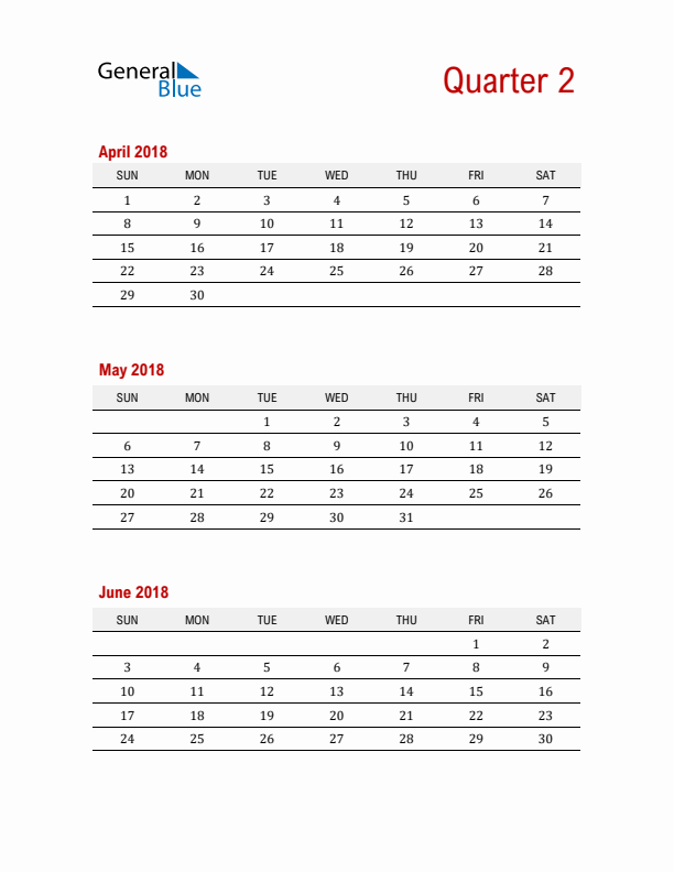 Three-Month Printable Calendar 2018